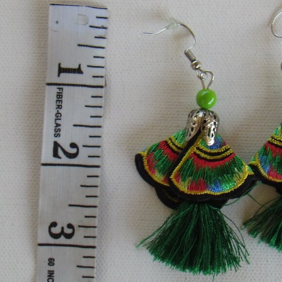 Peruvian Dangle Hoop & Mexican Floral Tassel Embroidered Dangle Earrings 3 Set - Picture 7 of 10